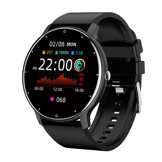 ZL02 smart watch with 1.28-inch round display, black silicone band, showing time, heart rate, blood pressure and blood oxygen.