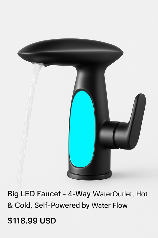 Big LED Faucet – 4-Way Water Outlet, Hot & Cold, Self-Powered by Water Flow