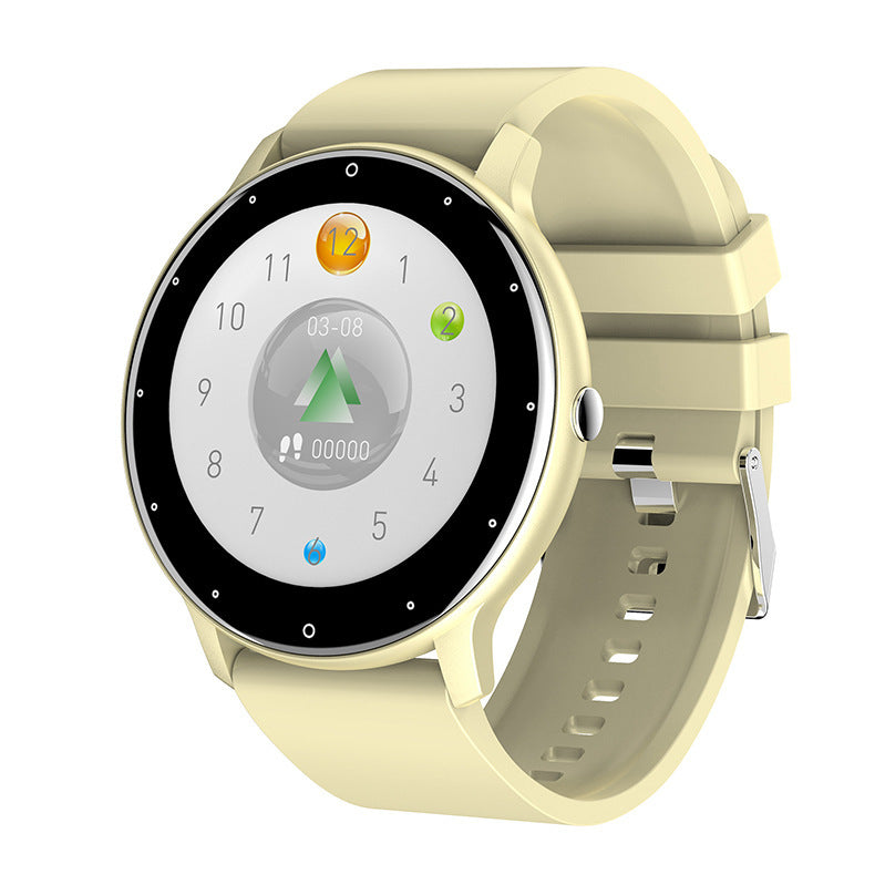Gold round-face ZL02 smart bracelet with 1.28-inch touchscreen and silicone strap.