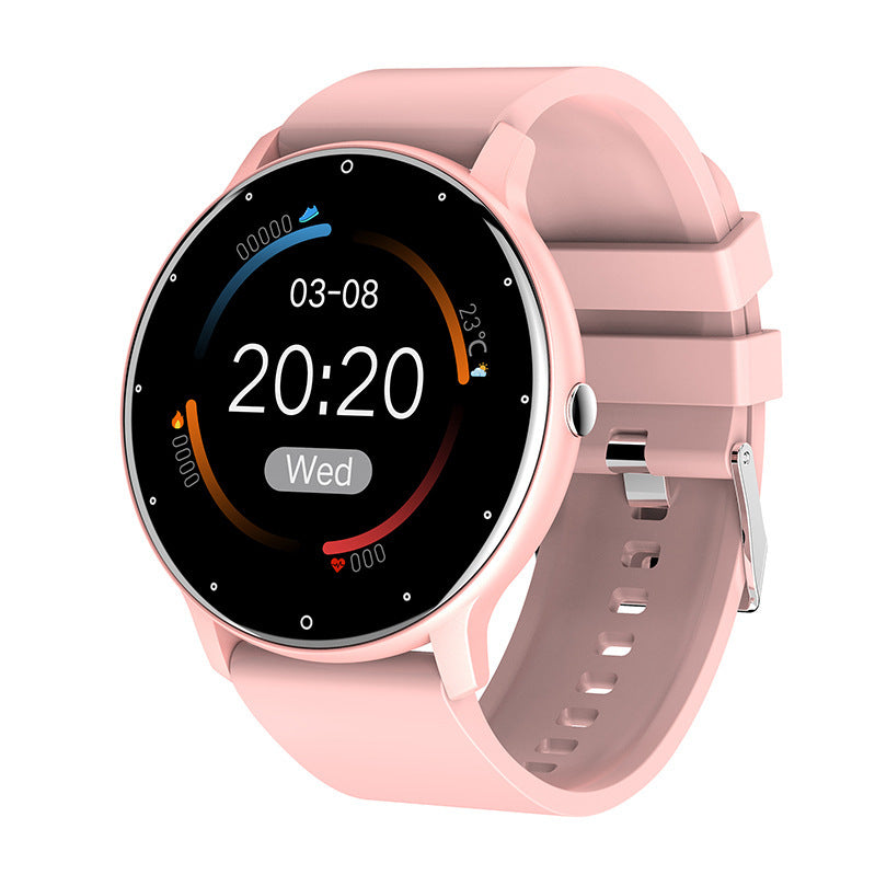 Pink ZL02 smartwatch with 1.28-inch round display and silicone wristband.